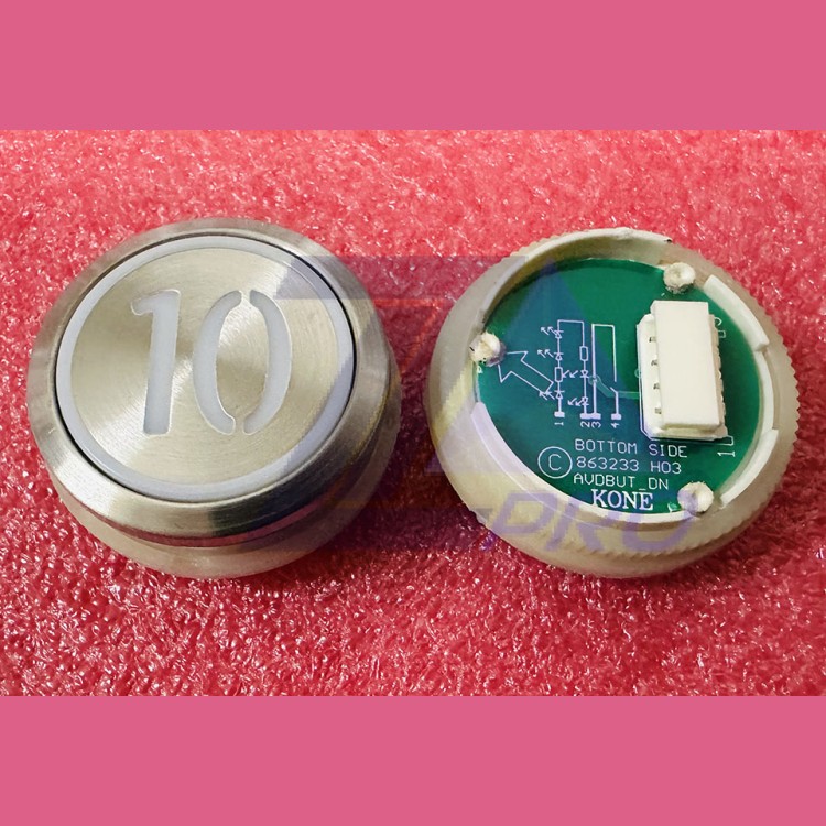 Кнопка приказа "10" круглая, серебристая поверхность, AVDBUT, красная подсветка, KM863050G005H010 Kone