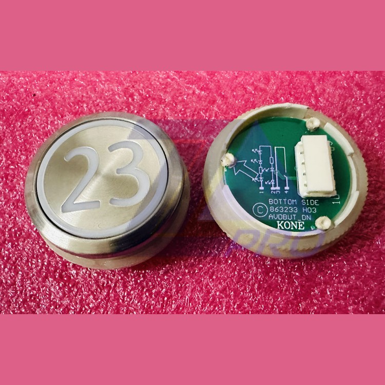 Кнопка приказа "23" круглая, серебристая поверхность, AVDBUT, красная подсветка, KM863050G005H023 Kone