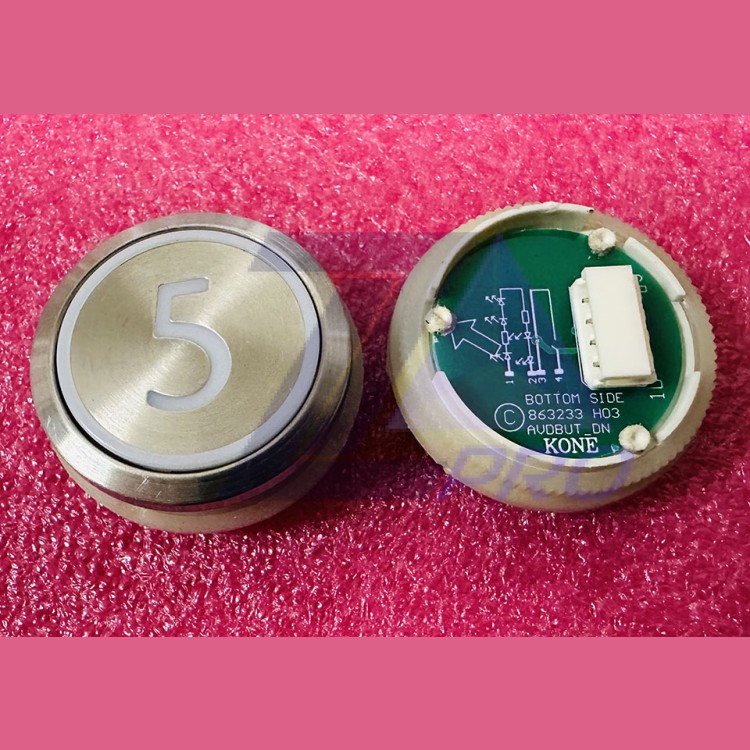 Кнопка приказа "5" круглая, серебристая поверхность, AVDBUT, красная подсветка, KM863050G005H005 Kone