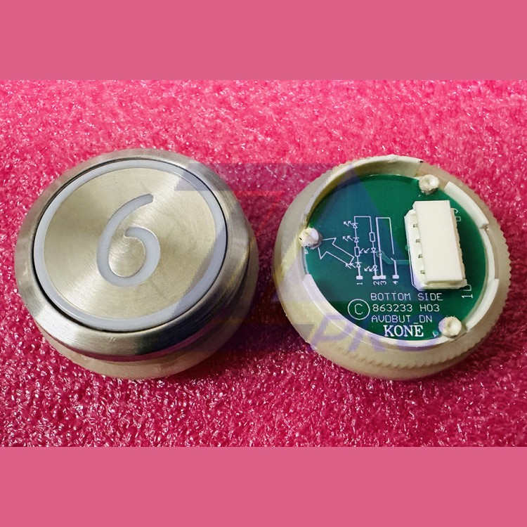 Кнопка приказа "6" круглая, серебристая поверхность, AVDBUT, красная подсветка, KM863050G005H006 Kone